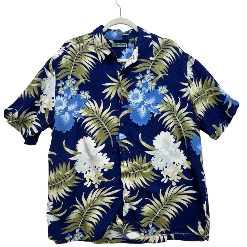 Cubavera Mens Hawaiian Button-Up Shirt Size XL Blue Tropical Floral Short Sleeve
